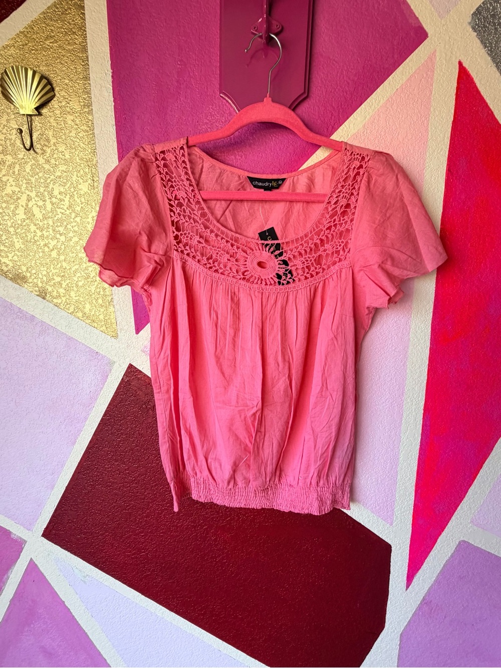 NWT Chaudry KG Coral Boho Peasant Top Sz M Crochet Lace Yoke New With Tags